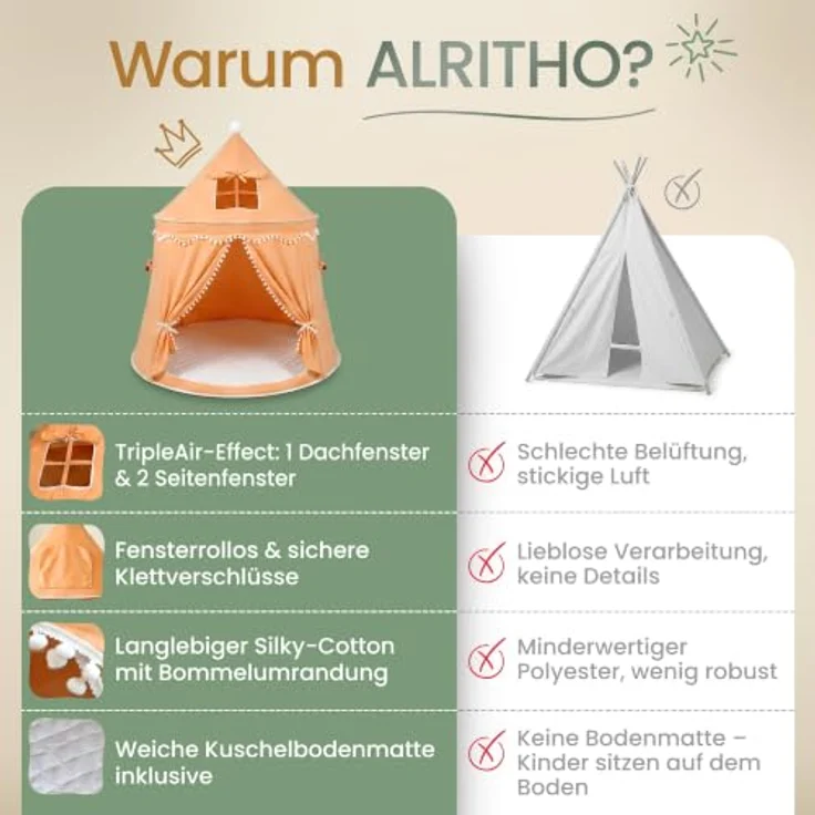 ALRITHO® Spielzelt Kinder Silky-Cotton, Kürbisorange 110x110x130cm | Indoor Kuschelhöhle mit TripleAir-Effect, gemütlicher Bodenmatte & Tragetasche – Bild 5