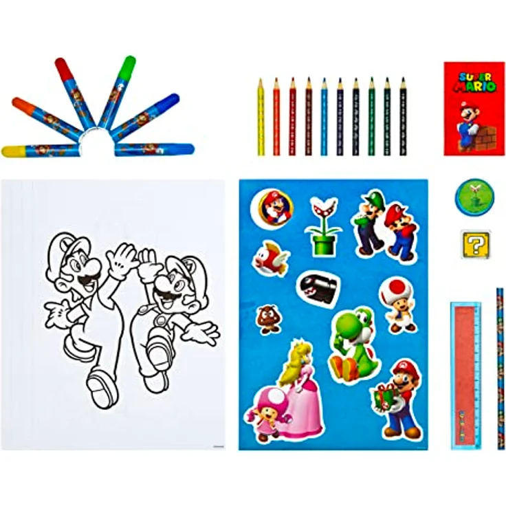 Super Mario Farbkasten Schreibwaren-Set, 35-teiliges Kreativset für Kinder mit Stiften, Linealen und Notizblöcken – Bild 3