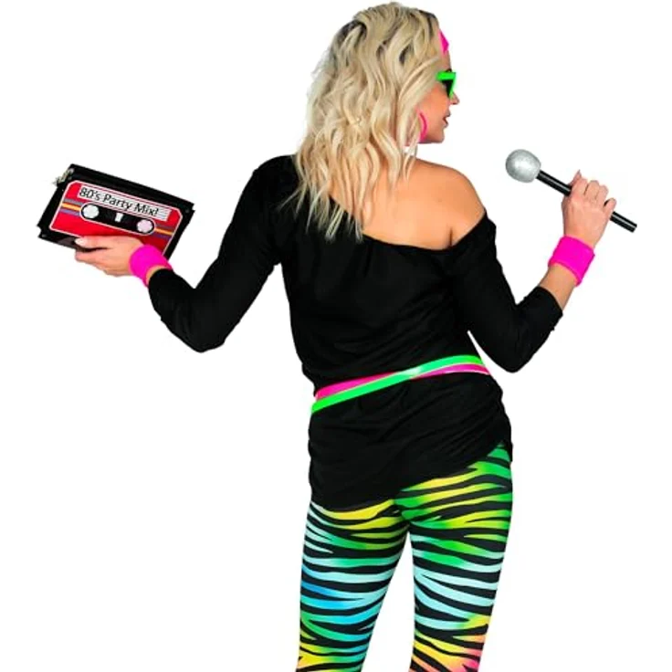 W WIDMANN MILANO Party Fashion T-Shirt 80er Jahre, ärmelloses Shirt mit pinkem Kiss Lips Design, schwarz, Größe S/M für Mottoparty und Fasching – Bild 4