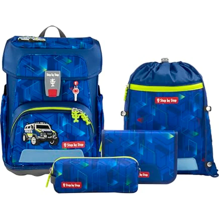 Step by Step Schulranzen-Set Cloud „Police Truck Charly“, 5-teilig, ergonomischer Tornister mit Reflektoren, höhenverstellbar mit Hüftgurt, blau, für Jungen ab der 1. Klasse, 19L – Bild 1