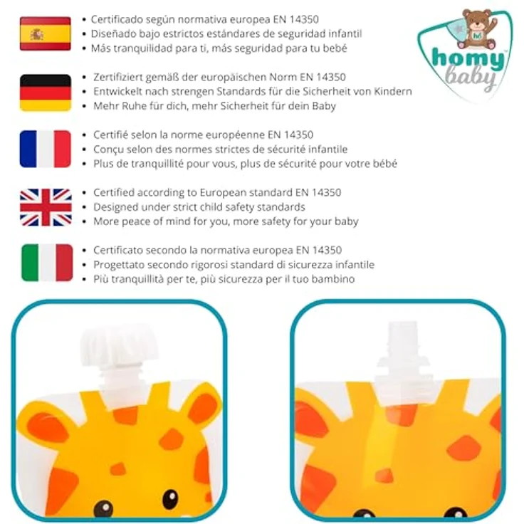 HOMYBABY® Wiederverwendbare Quetschbeutel für Babynahrung, 4 Stück mit lustigen Tiermotiven, 148 ml, BPA-frei, inklusive kostenloses E-Book mit Brei-Rezepten, ab 6 Monaten – Bild 3
