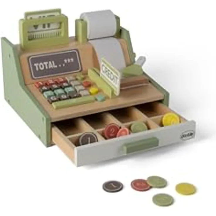 Dantoy Registrierkasse aus Holz, Rollenspiel mit Zubehör für Kinder ab 3 Jahren, fördert Feinmotorik und soziale Interaktion