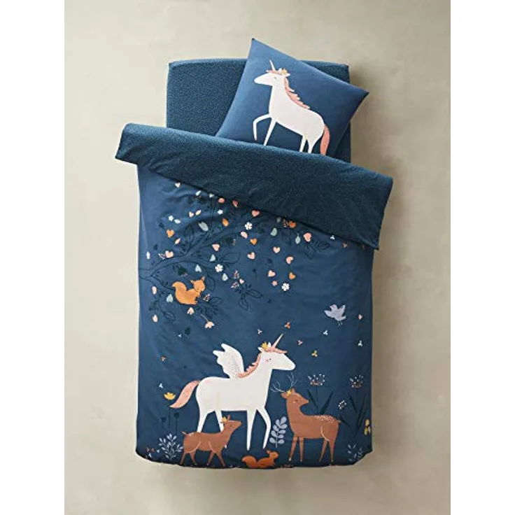 Vertbaudet Bettwäsche-Set für Kinder,Märchenwald Petrol Einhorn REH 140X200 - Kissen 63X63