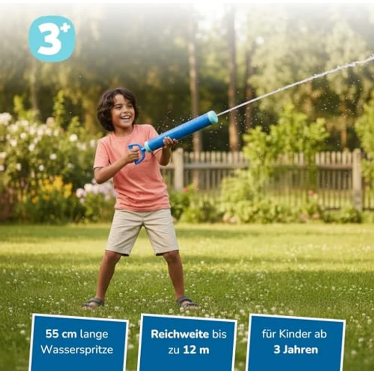 alldoro 60112 - Water Shooter ca. 55 cm, Wasserspritze Reichweite bis zu 12 Meter, Wasserkanone mit 190 ml Wassertank, Wasserspritzpistole für Strand, Garten und Freizeit, für Kinder ab 3 Jahren – Bild 3