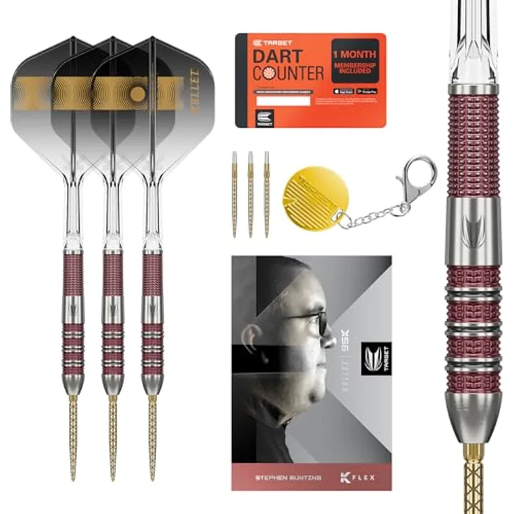 Target Darts Stephen Bunting 95K Dart-Set, 95% Wolfram, 18 g, Swiss Point-Steelpoints und K-Flex-Flights, Goldfarbene DX-Ersatzpoints