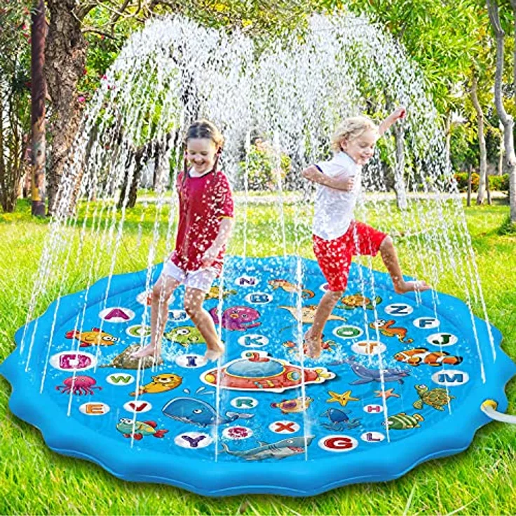 Paochocky Sprinkler Wasserspielmatte, 170 cm große runde Aufblasbare Splash Spielmatte aus hochwertigem PVC für Outdoor Sommerspaß mit bunten Meeresgrafiken für Kinder und Haustiere