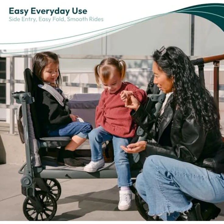Wonderfold L2 Kombikinderwagen für 2 Kinder, kompakter Bollerwagen mit seitlicher Tür, flexible Sitzbänke, 360°-Räder und Klappmechanismus, schwarz – Bild 2
