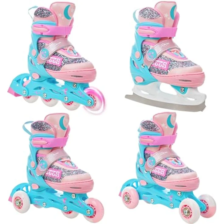 RAVEN 4in1 Inline Skates Triskates Rollschuhe Schlittschuhe Inliner für Kinder Mädchen verstellbar (Etta Blue/Pink, 34-37) – Bild 1