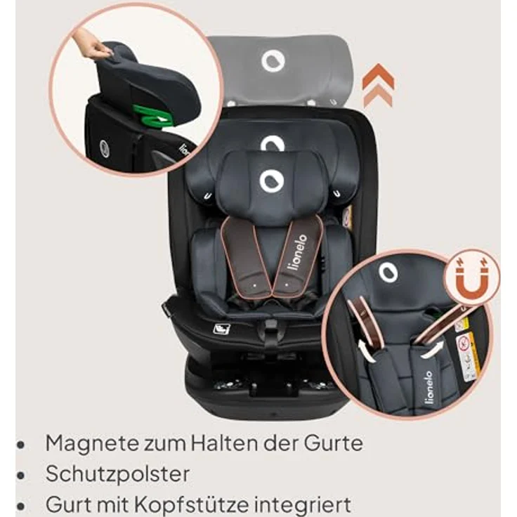 lionelo Autokindersitz Bastiaan RWF i-Size, 4 Sitze in 1/360' drehbare Basis / ISOFIX / Top-Tether, blau – Bild 8