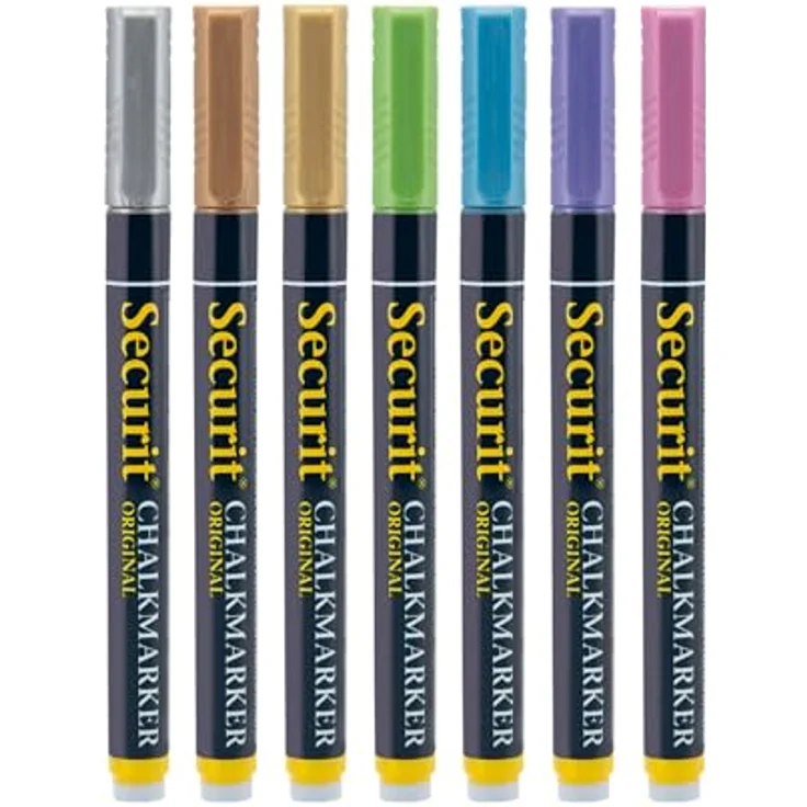 Securit Kreidemarker Metallic 1mm Set, 7 Stück in Silber, Violett, Grün, Gold, Blau, Kupfer, Pink, für Erwachsene und Jugendliche – Bild 1