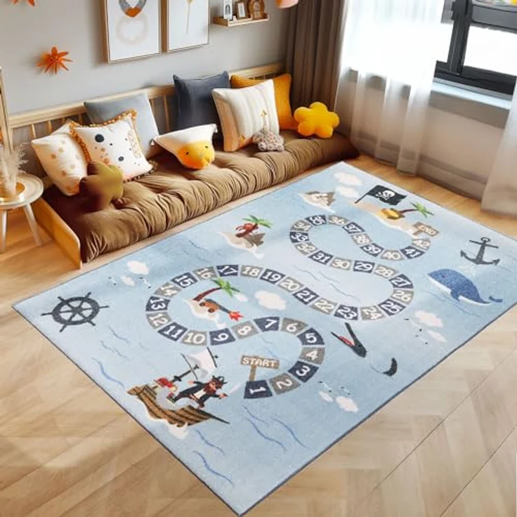 SIMPEX KinderTeppich, Piraten-Design, Blau, 100 x 150 cm, rutschfeste und OEKO-TEX zertifizierte Spielunterlage für Kinder – Bild 1