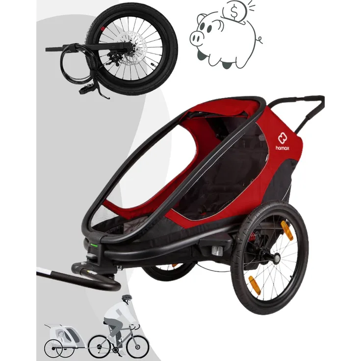 Hamax Outback One Fahrradanhänger inkl. Jogger Kit, Aluminiumrahmen, Rot / Schwarz