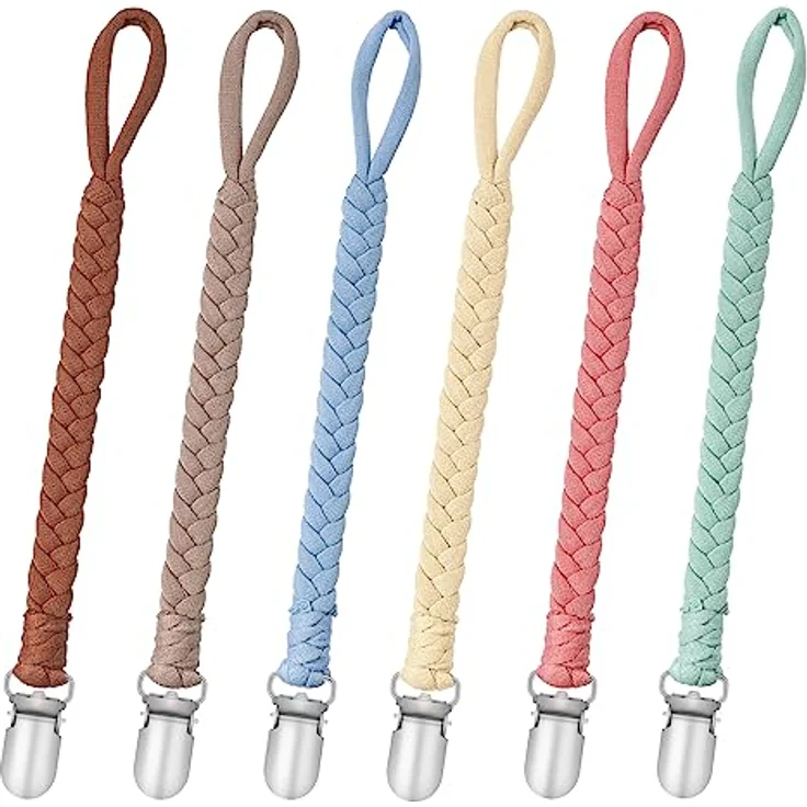 CLDY Schnullerkette Baby, 6 Stücke Unisex Schnuller Halter Leinen Set aus Baumwolle für Jungen und Mädchen, Passend für alle Schnuller, Hygienisch und Praktisch – Bild 1