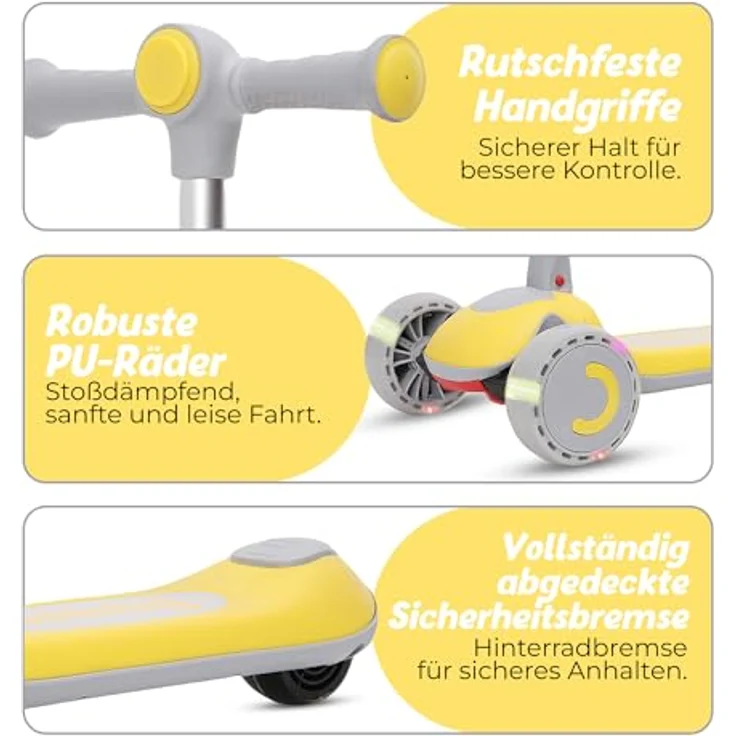 Habib Gruppe 3-in-1 Kinderroller Dreirad mit Sitz, höhenverstellbar und faltbar, LED Räder, sicher und robust, ideal für Jungen & Mädchen von 2 bis 10 Jahren - Gelb – Bild 3