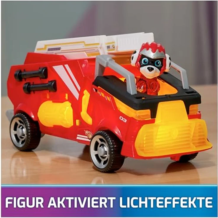 Spin Master Paw Patrol - The Movie II Marshall, Feuerwehr-Löschzug mit Geräuscheffekten und klappbarer Drehleiter, rot – Bild 5