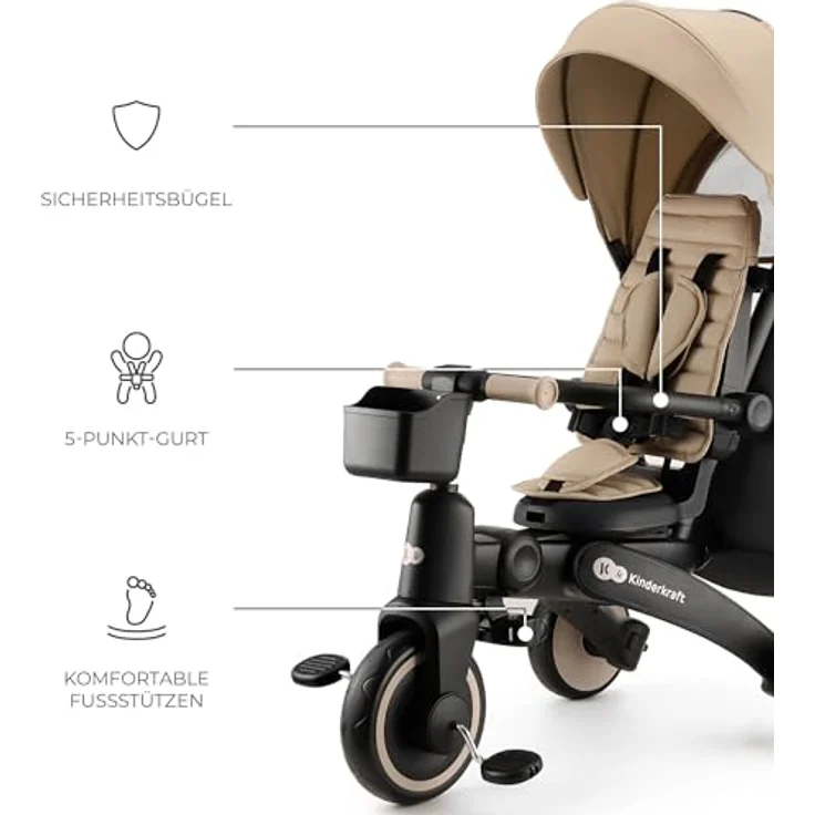 Kinderkraft Dreirad Jazz 2, 5-in-1 Klappdreirad mit 360° drehbarem Sitz, wasserdichtem Verdeck und 5-Punkt-Sicherheitsgurten – Bild 9
