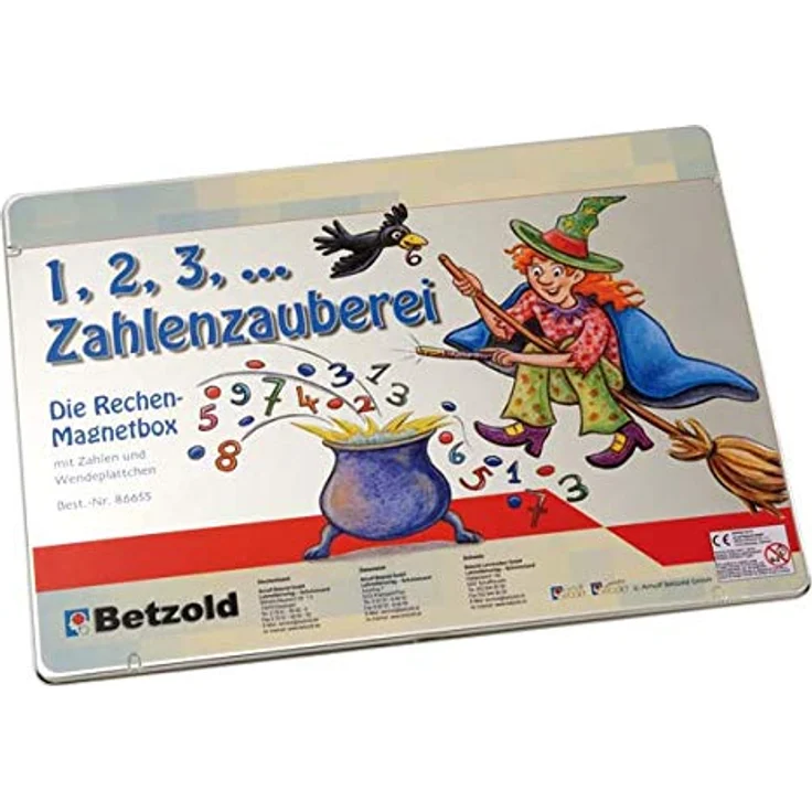 Betzold Lernspielzeug 1, 2, 3 ... Zahlenzauberei, Rechenmagnetbox aus robustem Stahlblech, mit 39 magnetischen Wendeplättchen und 92 Zahlen- und Rechenzeichen, kompakt und transportabel – Bild 2