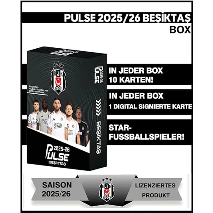 Jungengel Beşiktaş Fußball Sammelkarten 2025/26, Box mit 10 Karten, inkl. 1 digital signierter Spezialkarte