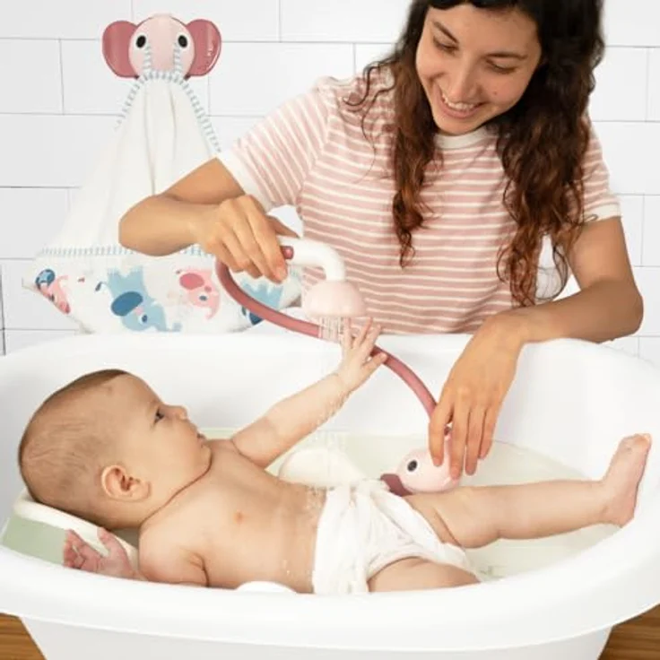 Yookidoo Duschkopf für Baby-Badewanne, Elefanten-Wasserpumpe mit Stammauslauf, 2-Tasten-Wasserflusskontrolle, für Neugeborene, Blush Pink – Bild 4