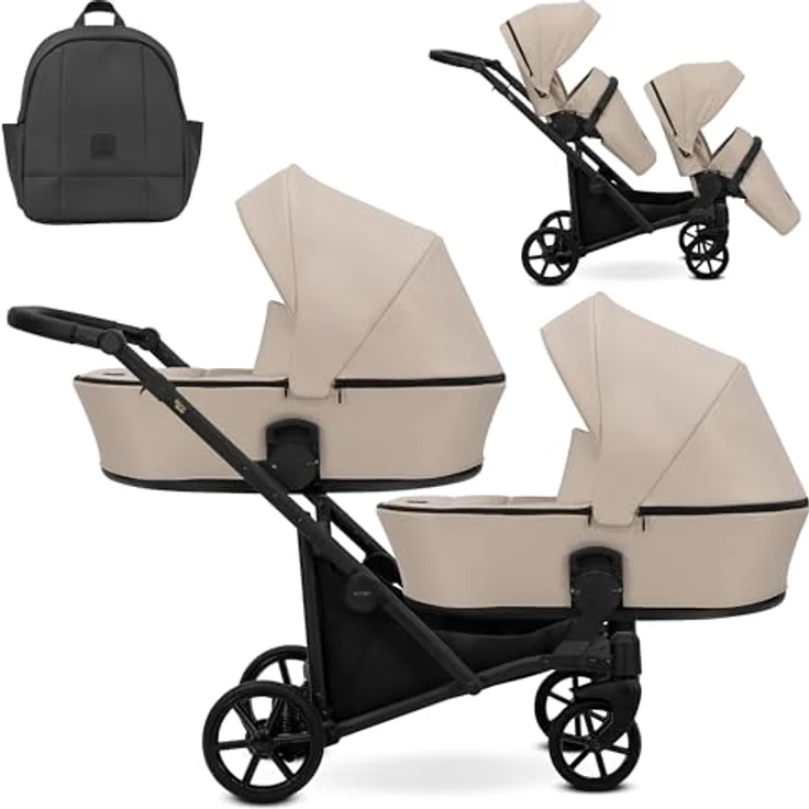 Kunert BRAV DUO Zwillingskinderwagen 2 in 1, Aluminiumrahmen (creme/schwarzes Gestell), mit Zubehör und ergonomischem Design, verstellbaren Sitzen und Sicherheitsmerkmalen – Bild 1