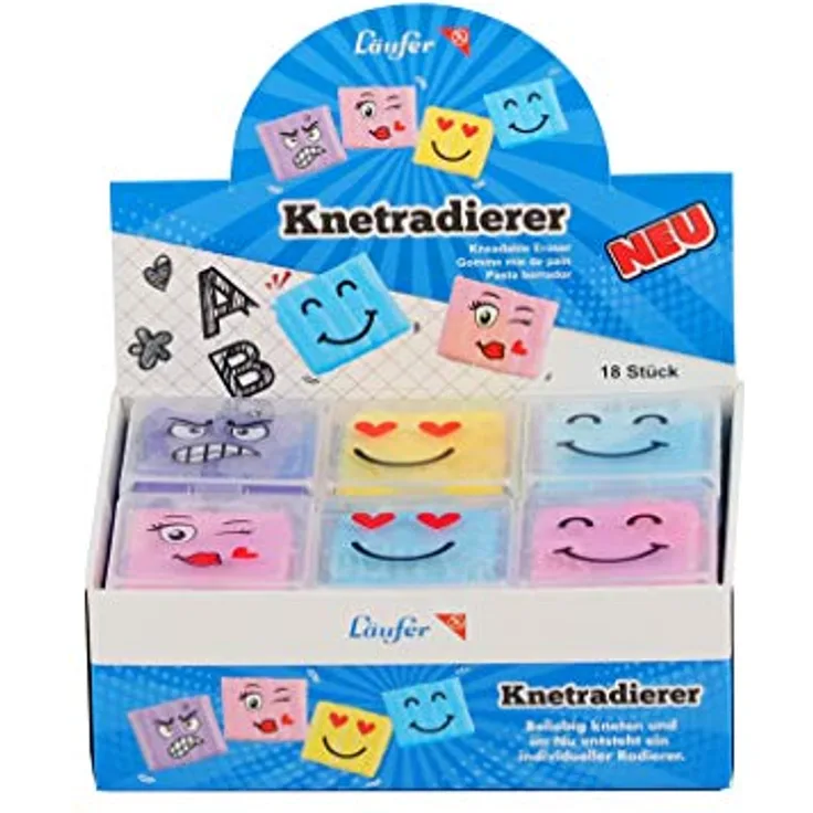 Läufer 12427 Smiley Knetgummi-Radierer in transparenter Verpackung, Formbarer Radiergummi, Knetradierer-Set mit 18 Stück, Mitgebsel und Geschenk für Kindergeburtstag