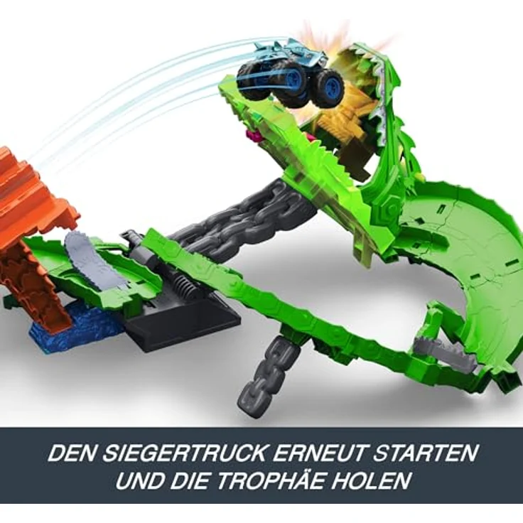 Hot Wheels Sharks vs. Dinos Drachenzerstörungs-Spielset mit Monster Trucks Great Bite und Rageasaur im Maßstab 1:64, inklusive Kettensägen-Spurwechsler und kompatibel mit weiteren Hot Wheels Tracks – Bild 4