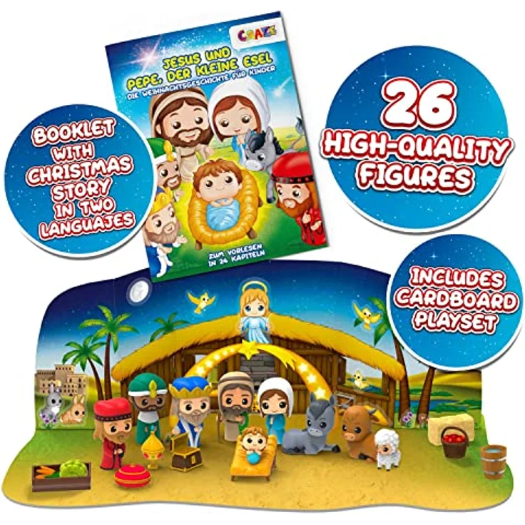 CRAZE Adventskalender 2022 Kinder - Weihnachtskrippe Krippenspiel - Spielkrippe Kinder mit Spielfiguren Set 40812 – Bild 4