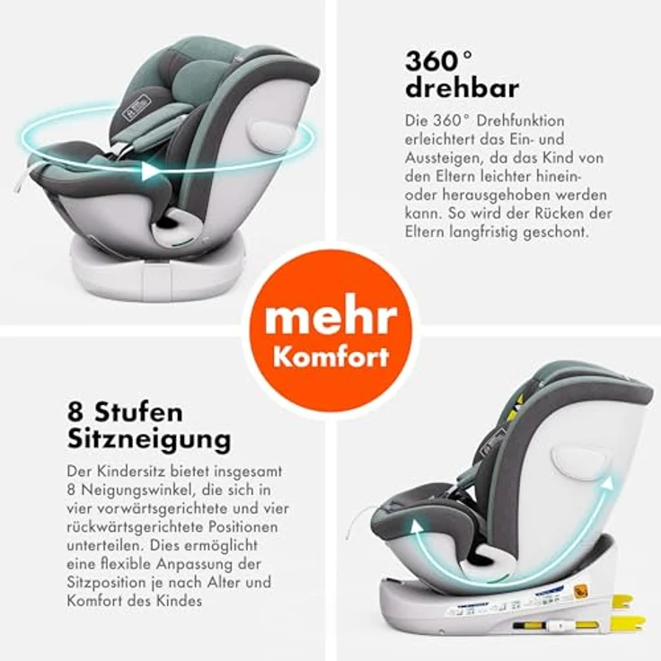 Daliya® Autokindersitz ROTAZIONE Kindersitz, Autositz, Babyschale Grün, 360°-Rotation, höhenverstellbare Kopfstütze, ab Geburt bis 12 Jahre, 8-stufige Sitzneigungsverstellung – Bild 4