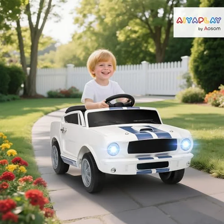 AIYAPLAY Ford Shelby GT 350 Elektroauto, 12V Kinderfahrzeug mit 2,4 GHz Fernbedienung, 2 Motoren, Hupe, LED, Musik für 3-6 Jahre, Weiß – Bild 2