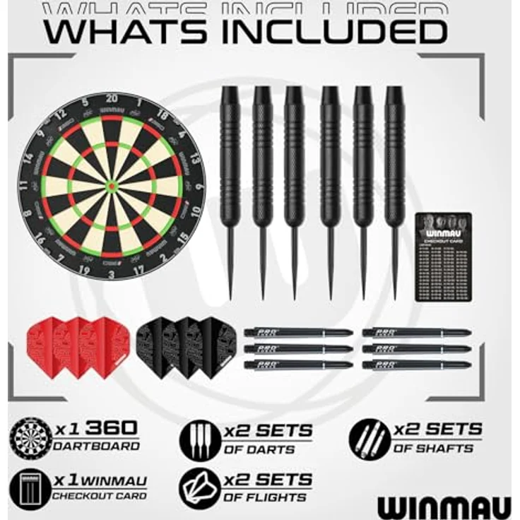 WINMAU Blade 360 Triple Core Carbon Dartscheibe Set, professionelle Steeldart mit zwei 19 g Darts, schwarzen und roten Flights, Checkout Karte und Zubehör – Bild 3