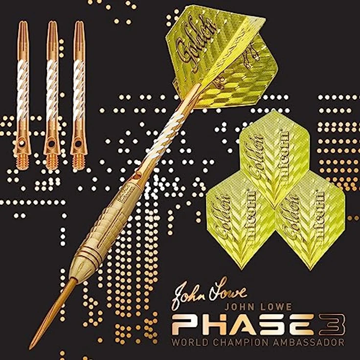 Unicorn Steeltip Dartpfeile Set | John Lowe World Champion Phase 3 Golden 21g | 90% Tungsten Barrels & Volute Points – Bild 2