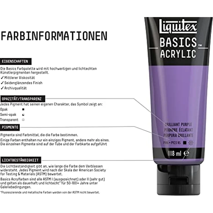 Liquitex Basics Acrylfarbe Brillantlila – 118ml Tube, lichtecht, mittlere Viskosität, seidenglänzend, monopigmentiert, Archivqualität – Bild 3