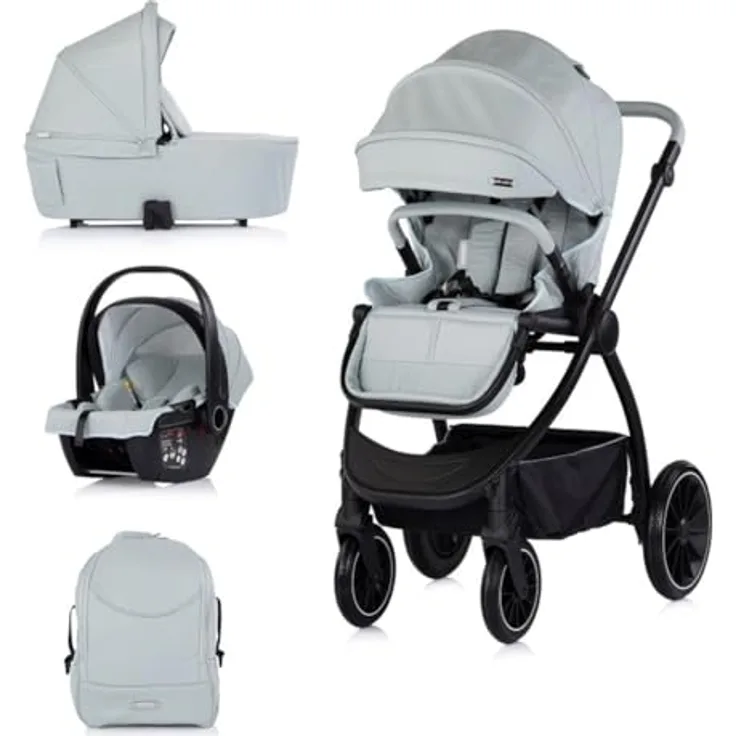 Chipolino Kombikinderwagen Prestige 3 in 1, Matcha, mit Babywanne, Rucksack und i-Size Babyschale, leichtes Aluminiumgestell, verstellbare Sitzschale, UPF 50+ Sonnenschutz