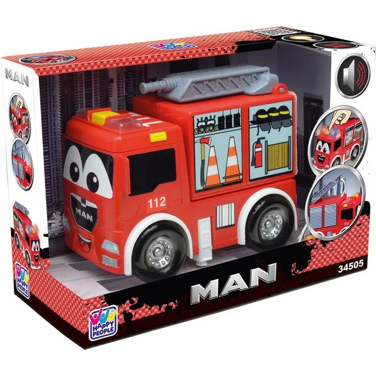 Happy People Spielzeug-Traktor MAN, Feuerwehrauto, 13 cm, mit Knopfzellen (Vorsicht: Verschluckungsgefahr)