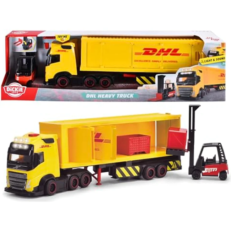 Dickie Toys 203747018 Volvo LKW DHL, 35 cm - Spielzeugauto mit Licht- und Soundeffekten, detailgetreue Nachbildung – Bild 1
