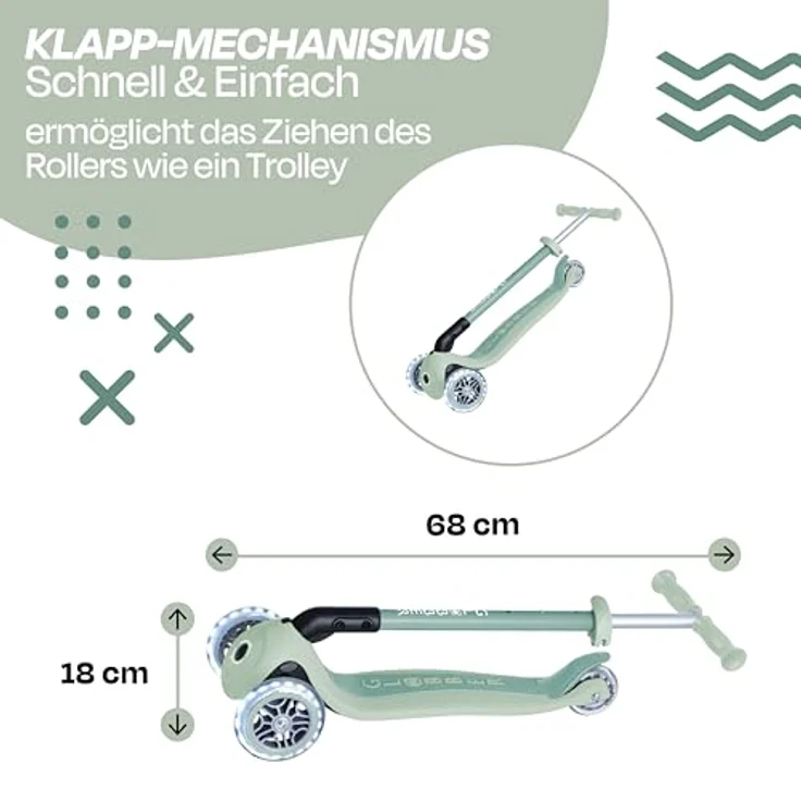 Globber PRIMO FOLDABLE LIGHTS ECO, Kinder-Scooter mit Leuchtrollen, klappbar, 3-fach höhenverstellbar, pistazie – Bild 4