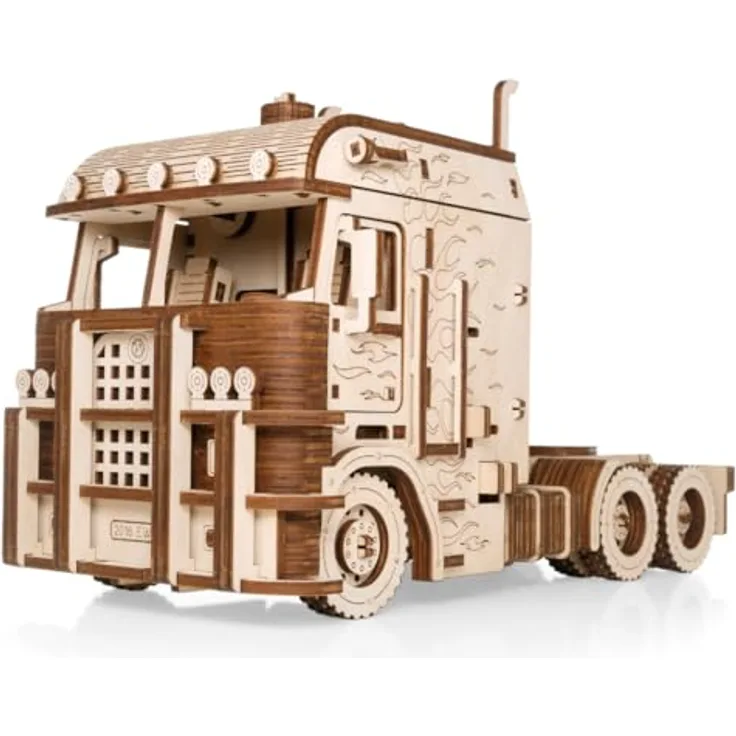 EWA Eco-Wood-Art Truck Road King 3D-Puzzle, aufziehbarer Metallfedermotor, rotierende Vorderräder, natur