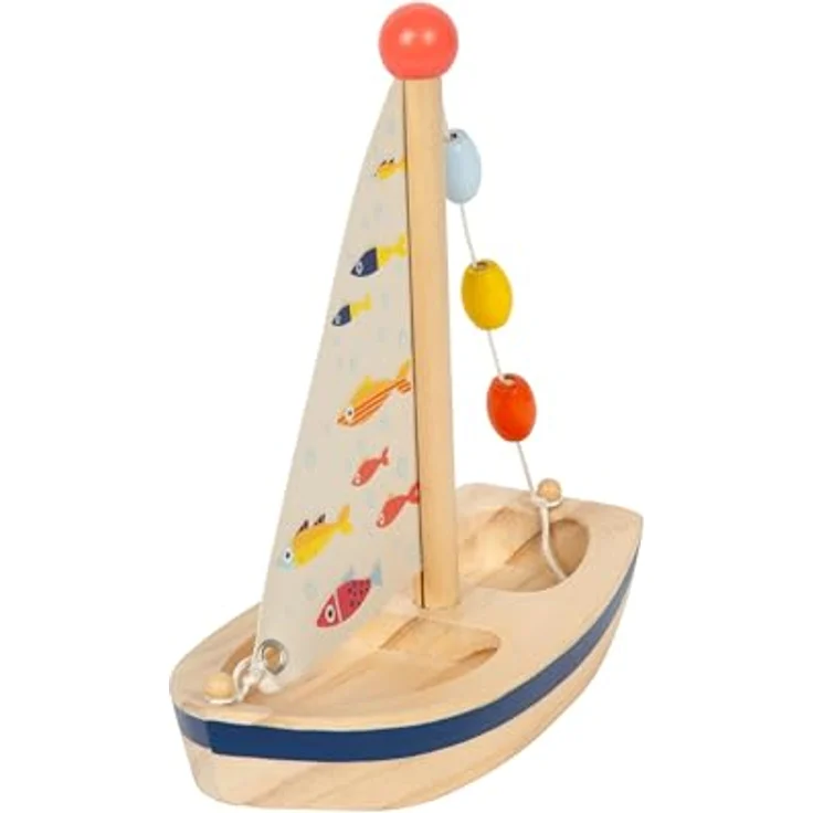 small foot GmbH & Co. KG Wasserspielzeug Segelboot Großer Ozean, Holzboot mit Fischmotiven, 17 x 8,5 x 19 cm, natur mit bunten Details – Bild 4