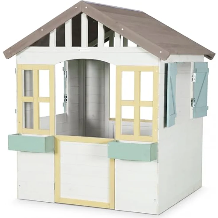 WONDERMAKE® Design Kinder Spielhaus Holz mit magnetischer Tür und 2 Pflanzkästen, wetterfest, 115x101x130 cm, weiß grau bunt – Bild 1