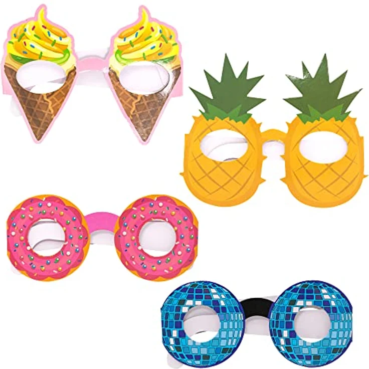 Idena 40444 - Partyspaß Papierbrillen, 4 Stück, in den lustigen Motiven Donut, Ananas, Discokugel und Waffeleis, 13 cm breit, 12,5 cm lange Pappbügel – Bild 3