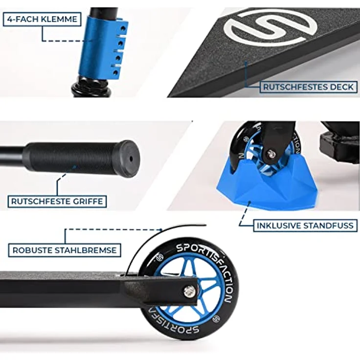 Sportisfaction Stuntscooter Blau, Profi Roller mit ABEC11 Kugellagern, 4-fach Klemme, belastbar bis 100kg, Alu-Deck 50x11cm für Tricks & Rampen – Bild 2