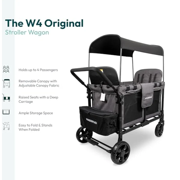 WONDERFOLD W4 4-Sitzer-Multifunktions-Quad-Kinderwagen, Grau mit abnehmbaren erhöhten Sitzen und verschiebbarem Verdeck – Bild 3