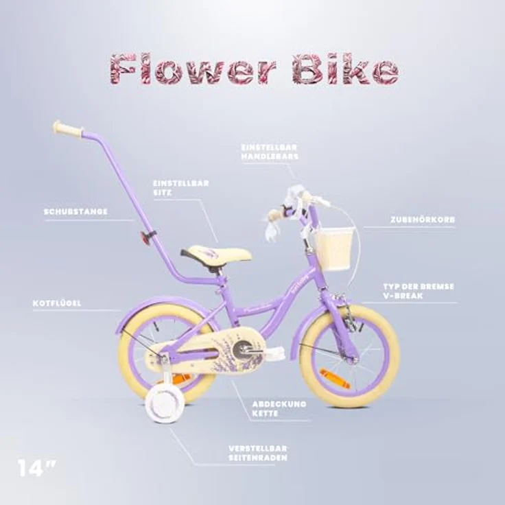 Sun Baby Mädchenfahrrad 14 Zoll Flower Bike mit Abnehmbarer Schubstange, Lavender, für Mädchen von 2 bis 6 Jahre – Bild 5