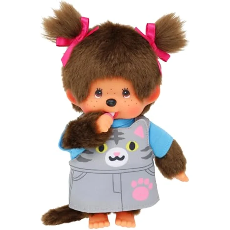 Monchhichi Mädchen im Katzen-Kleid mit Zöpfen, 20 cm Plüschfigur aus weichem Fell – Bild 3