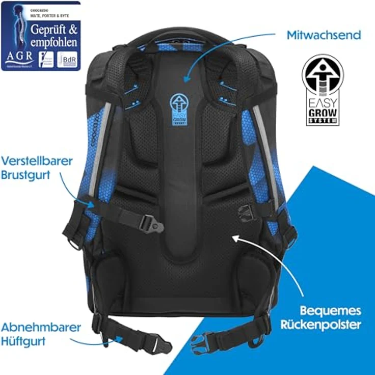 Coocazoo Mate Schulrucksack „Electric Ice”, ergonomischer Tornister, höhenverstellbar, schwarz-blau, 30 Liter, mit Brust- und Hüftgurt, ab der 3. Klasse – Bild 4