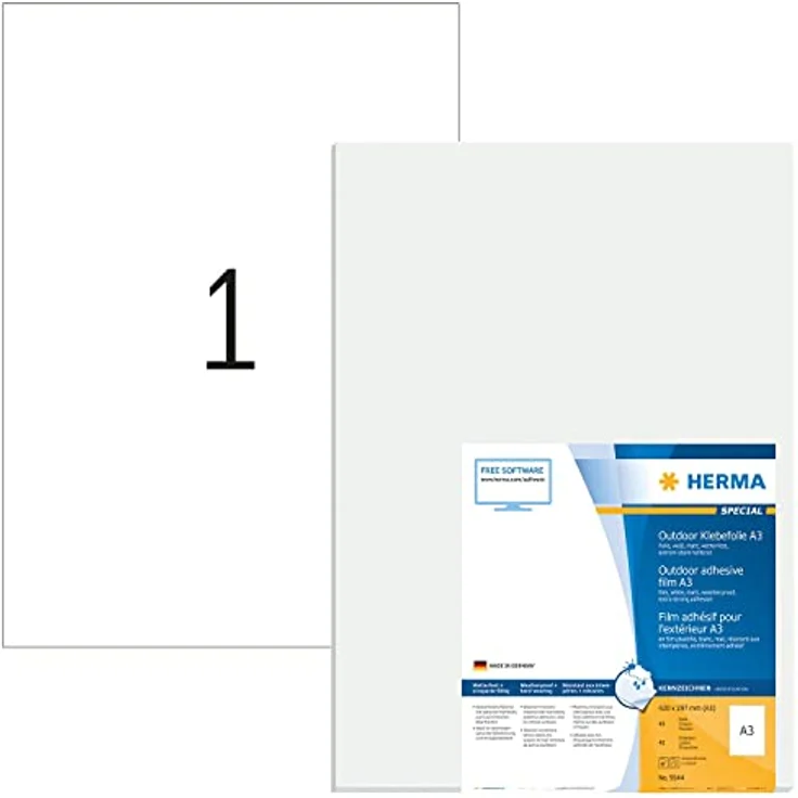 HERMA Folien-Kraftklebe-Etiketten 9544, 40 Stück, selbstklebend, weiß, A3 Format 297 x 420 mm, temperaturbeständig -40 °C bis +150 °C – Bild 1