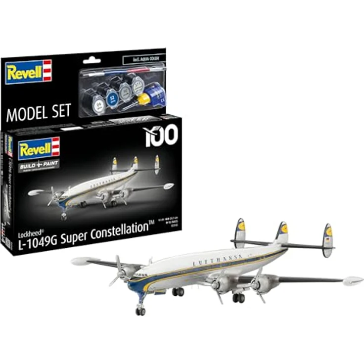 Revell 63745 Modellset Lockheed L.1049G Super Constellation, Plastikmodellbausatz im Maßstab 1:144 mit Zubehör, ungebaut/unlackiert, inklusive Grundfarben, Modellkleber und Pinsel – Bild 1