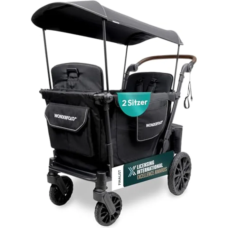 Wonderfold L2 Kombikinderwagen für 2 Kinder, kompakter Bollerwagen mit seitlicher Tür, flexible Sitzbänke, 360°-Räder und Klappmechanismus, schwarz