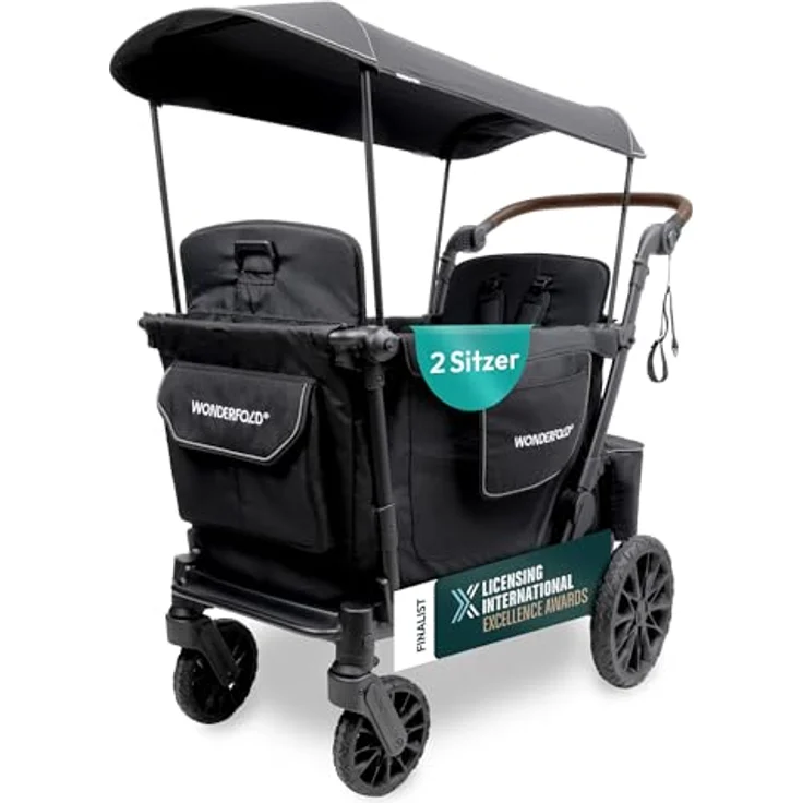 Wonderfold L2 Kombikinderwagen für 2 Kinder, kompakter Bollerwagen mit seitlicher Tür, flexible Sitzbänke, 360°-Räder und Klappmechanismus, schwarz – Bild 1