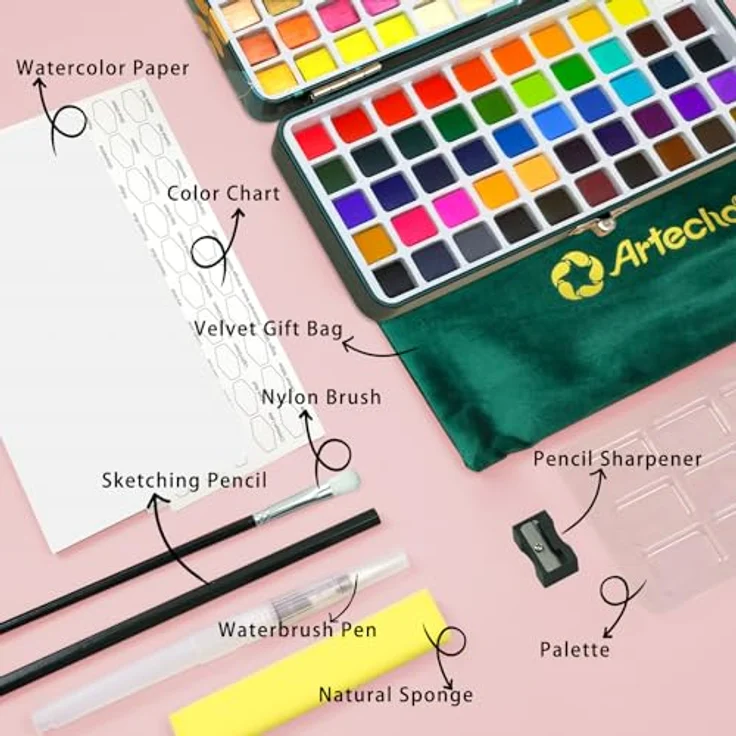 Artecho Aquarellfarben Set 100 Farben, Tragbare Box mit Pinsel, Aquarellpapier, fluoreszierenden, metallic und klassischen Farben für Künstler und Hobbymaler – Bild 3